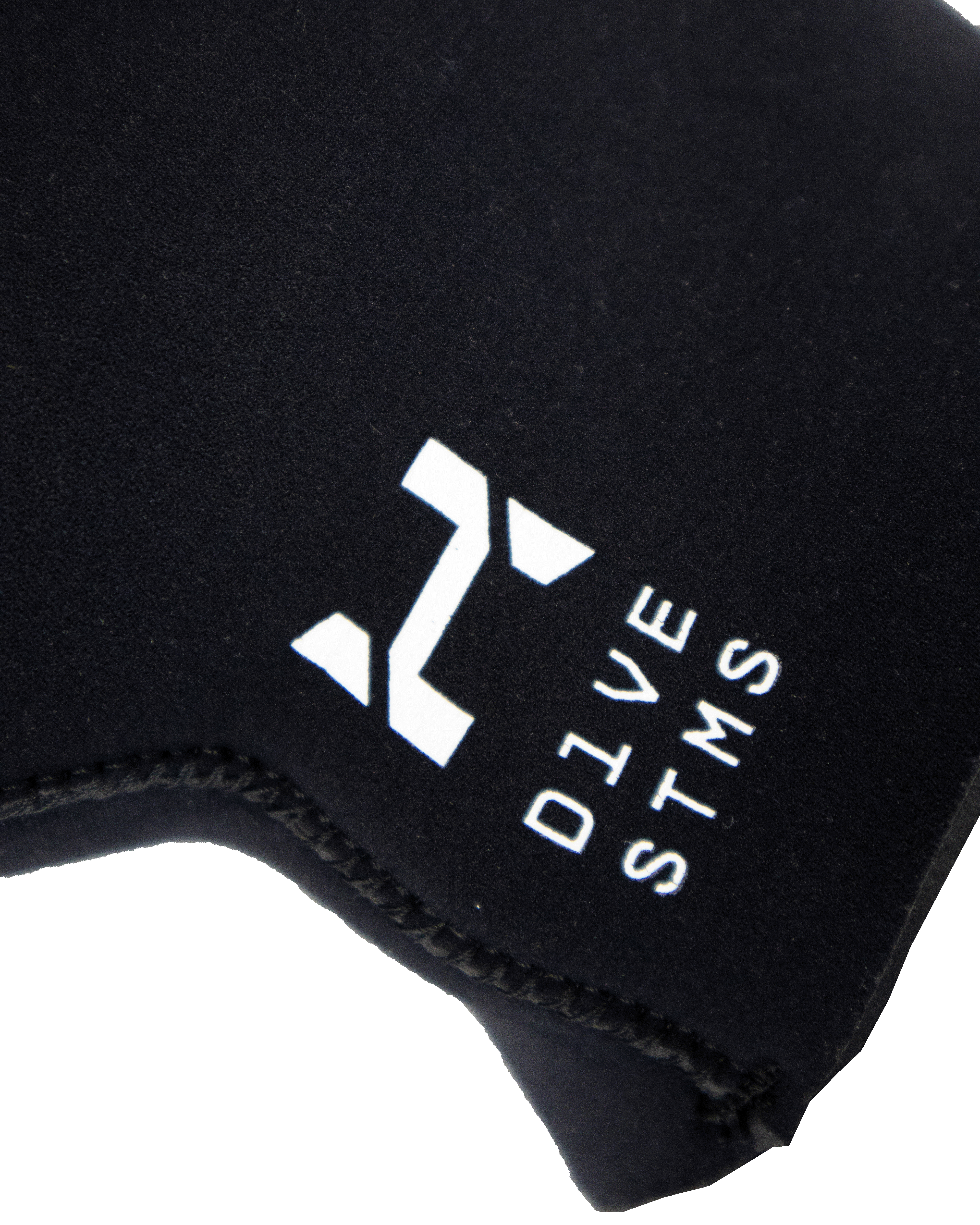 Black neoprene hood with a logo on a white background