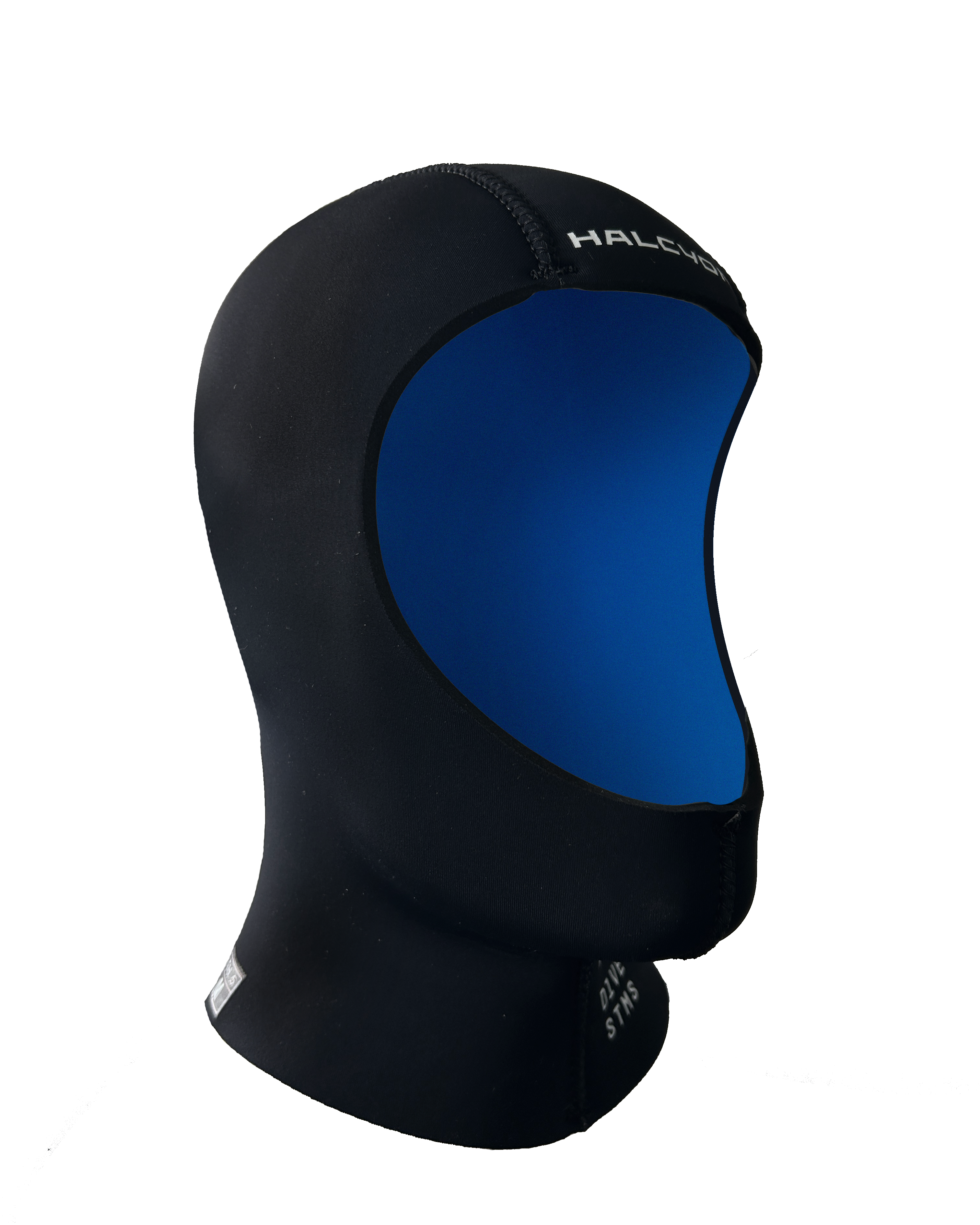 Black and blue wetsuit hood on a white background
