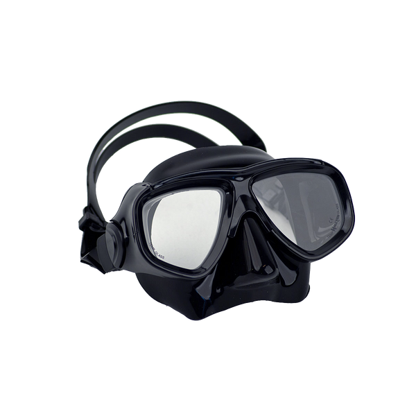 Low-profile dual lens mask, with black frame and black skirt