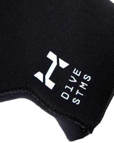 Black neoprene hood with a logo on a white background