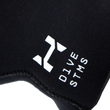 Black neoprene hood with a logo on a white background
