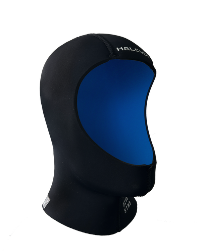 Black and blue wetsuit hood on a white background