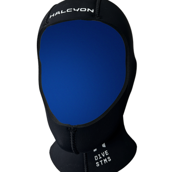 Black and blue diving hood with 'HALCYON' branding on a white background