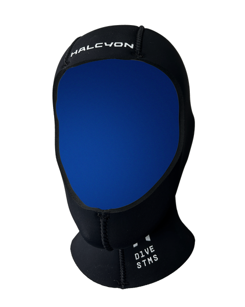 Black and blue diving hood with 'HALCYON' branding on a white background