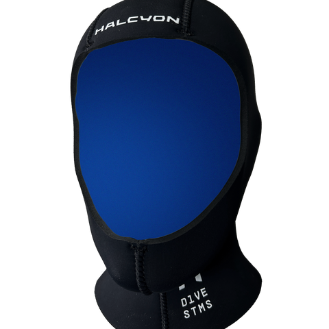 Black and blue diving hood with 'HALCYON' branding on a white background