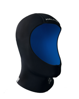 Black and blue wetsuit hood on a white background