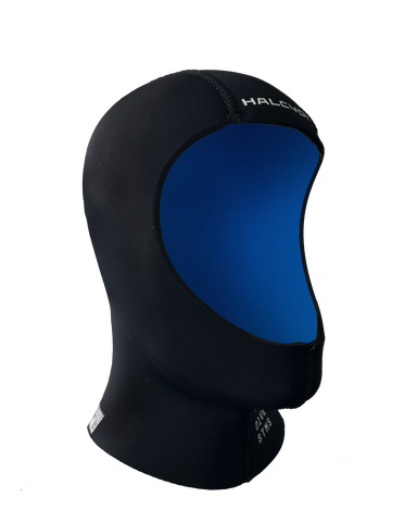 Black and blue wetsuit hood on a white background