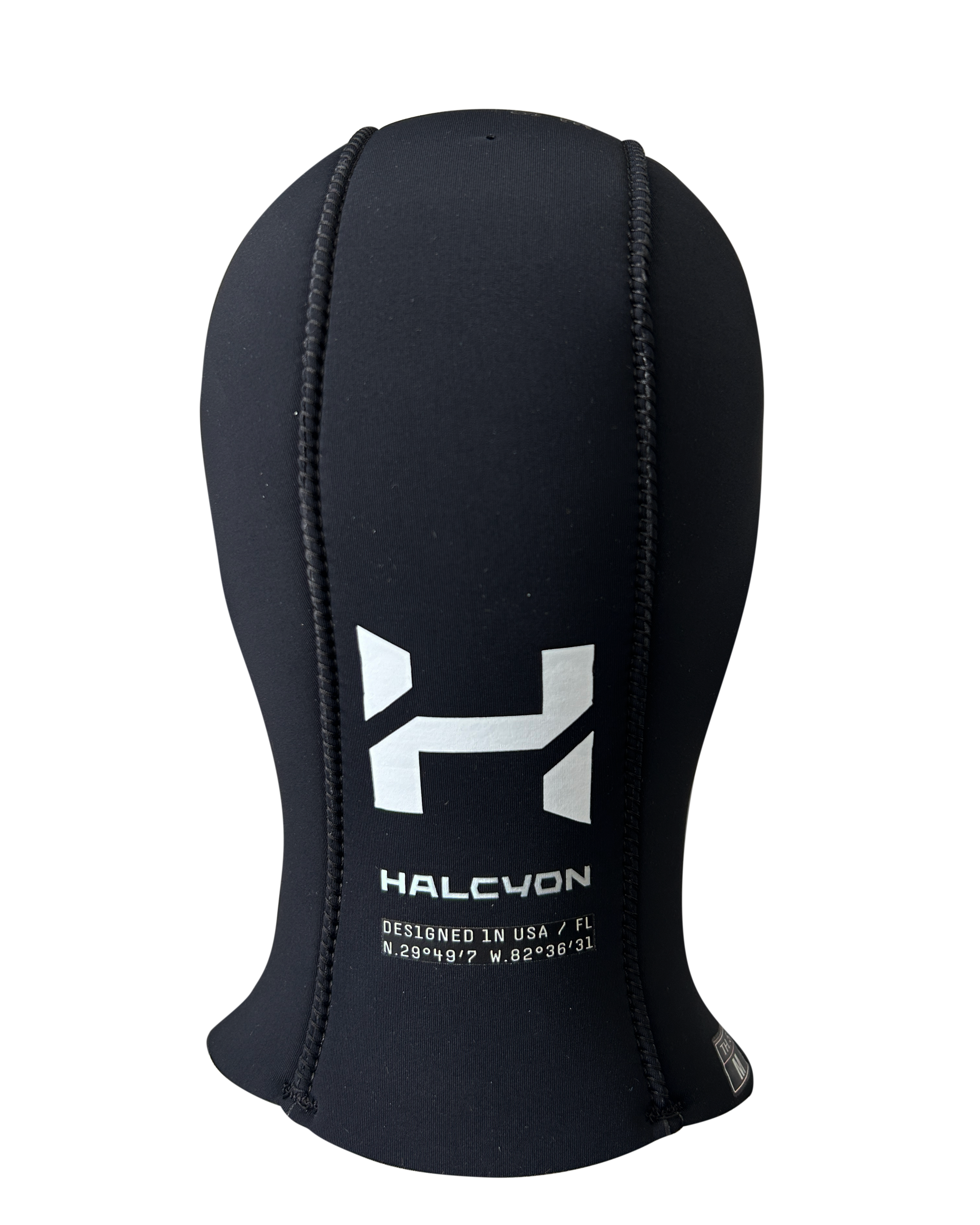 Black wetsuit hood with Halcyon logo on a white background