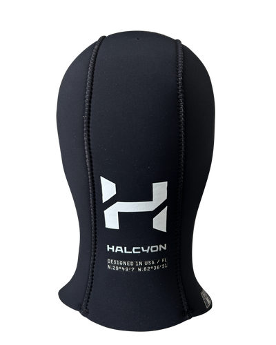 Black wetsuit hood with Halcyon logo on a white background