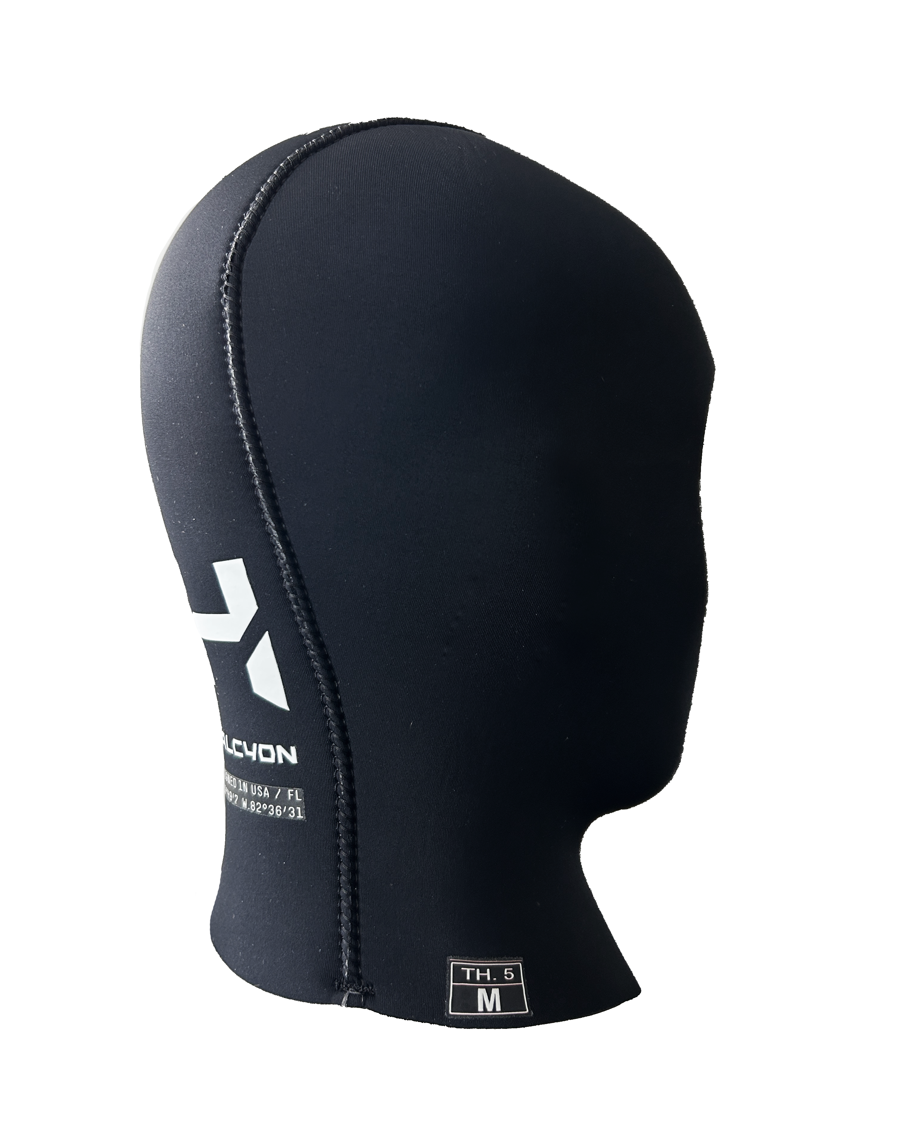 Black wetsuit hood with a brand logo on a white background