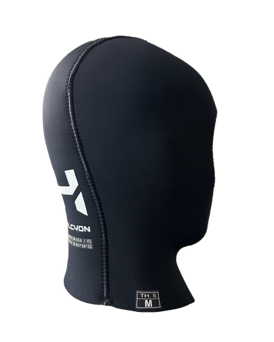 Black wetsuit hood with a brand logo on a white background
