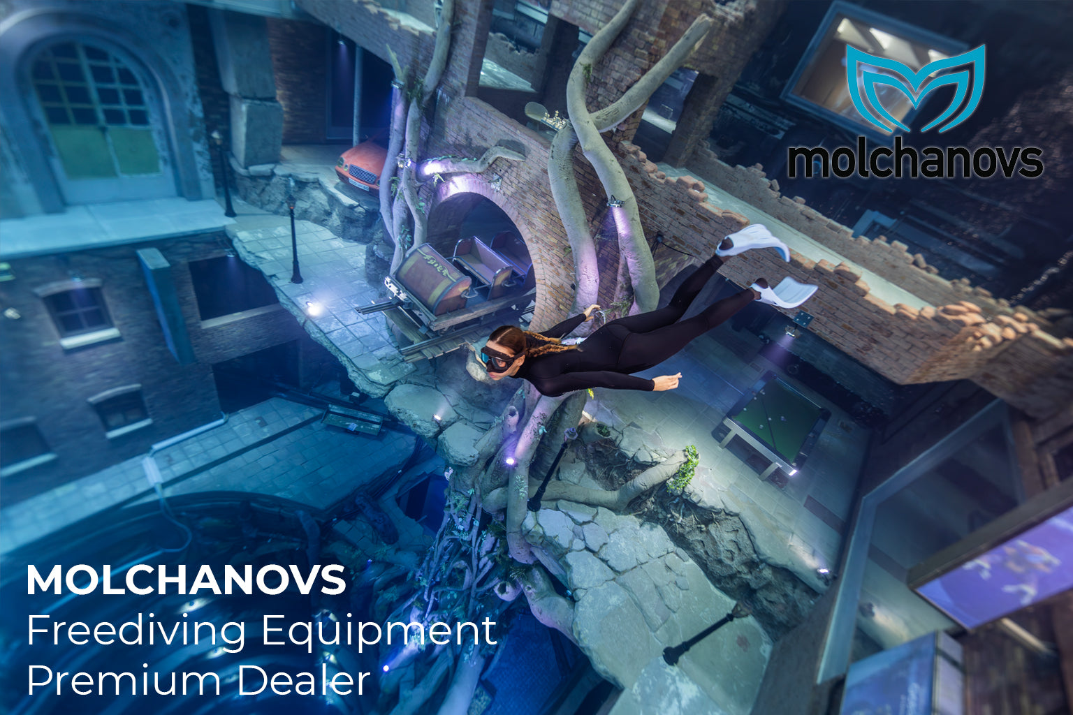 Person freediving underwater with Molchanovs branding in the background